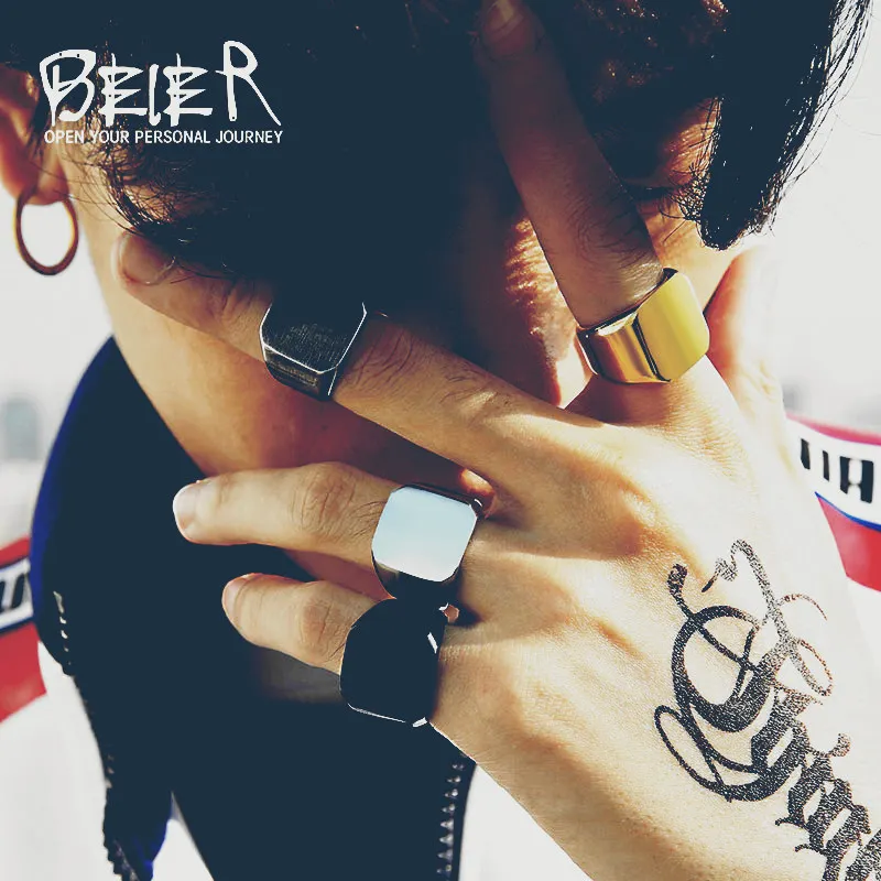 

Beier new store 316L Stainless Steel ring High Polished Signet Solid black and gold for men fashion wholesale price LR177