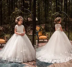 2019 г., Платья с цветочным узором для девочек, бальное платье, платье для причастия, платье принцессы с короткими рукавами, элегантная