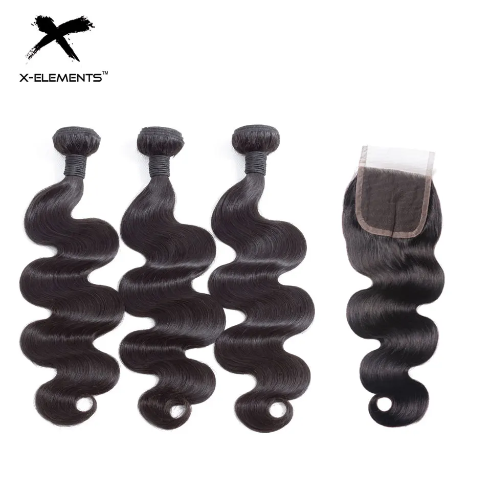 

X-Elements Hair Brazilian Body Wave Human Hair Bundles With Closure Remy Hair Weave Bundles With Closure Natural Color 8-28 Inch