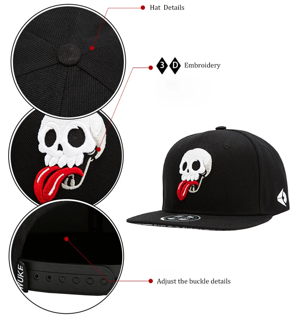 Модная хип хоп шляпа с вышитым черепом Snapback шапки кепки для мужчин и женщин