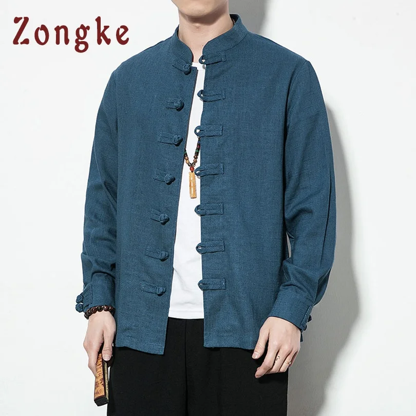 Zongke китайский стиль хлопок льняная куртка мужская Японская уличная одежда куртка-бомбер мужская одежда хип-хоп пальто Мужская куртка XXXL Новинка - Цвет: Peacock Blue