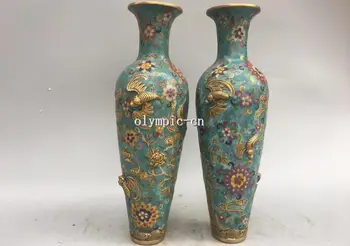 

Pair 16'' red copper cloisonne gild enamel flowers carved Bat vase statue
