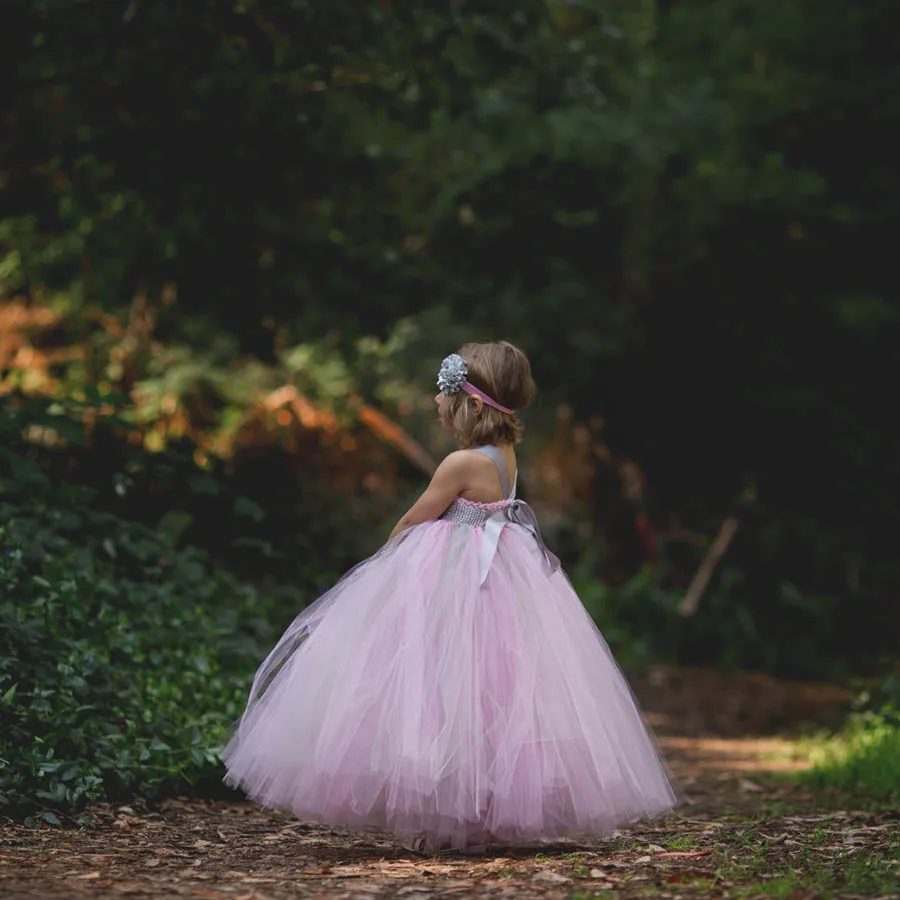 Princess Pink and Grey Flowers Tutu Dress with headband Girls Formal Wedding (6)