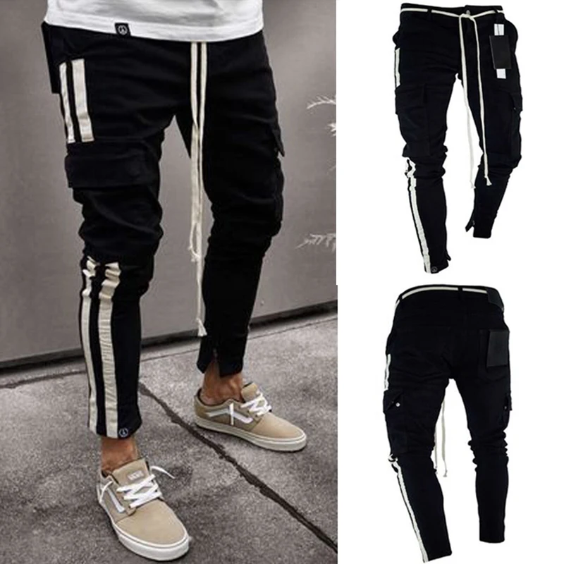

Men denim black Jeans Slim ripped hole Jeans Fashion Hip hop Skinny pencil Jeans For Men high street wear stretch striped jeans