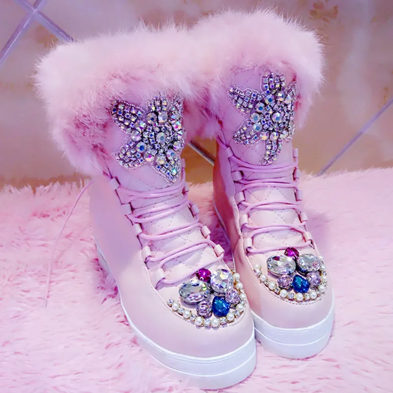

Luxury Handmade Women Winter Snow Boots Crystal Gemstone Rhinestones Flats Australia Warm High-Top Booties Thick-Bottomed Muffin