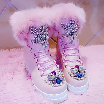

Luxury Handmade Women Winter Snow Boots Crystal Gemstone Rhinestones Flats Australia Warm High-Top Booties Thick-Bottomed Muffin