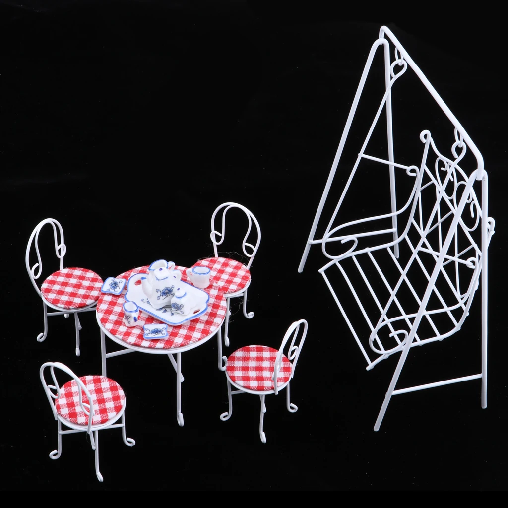 European 1/12 Dollhouse Miniature Fairy Garden Decor Metal Swing & Table Chair & Porcelain Tea Set Accessory
