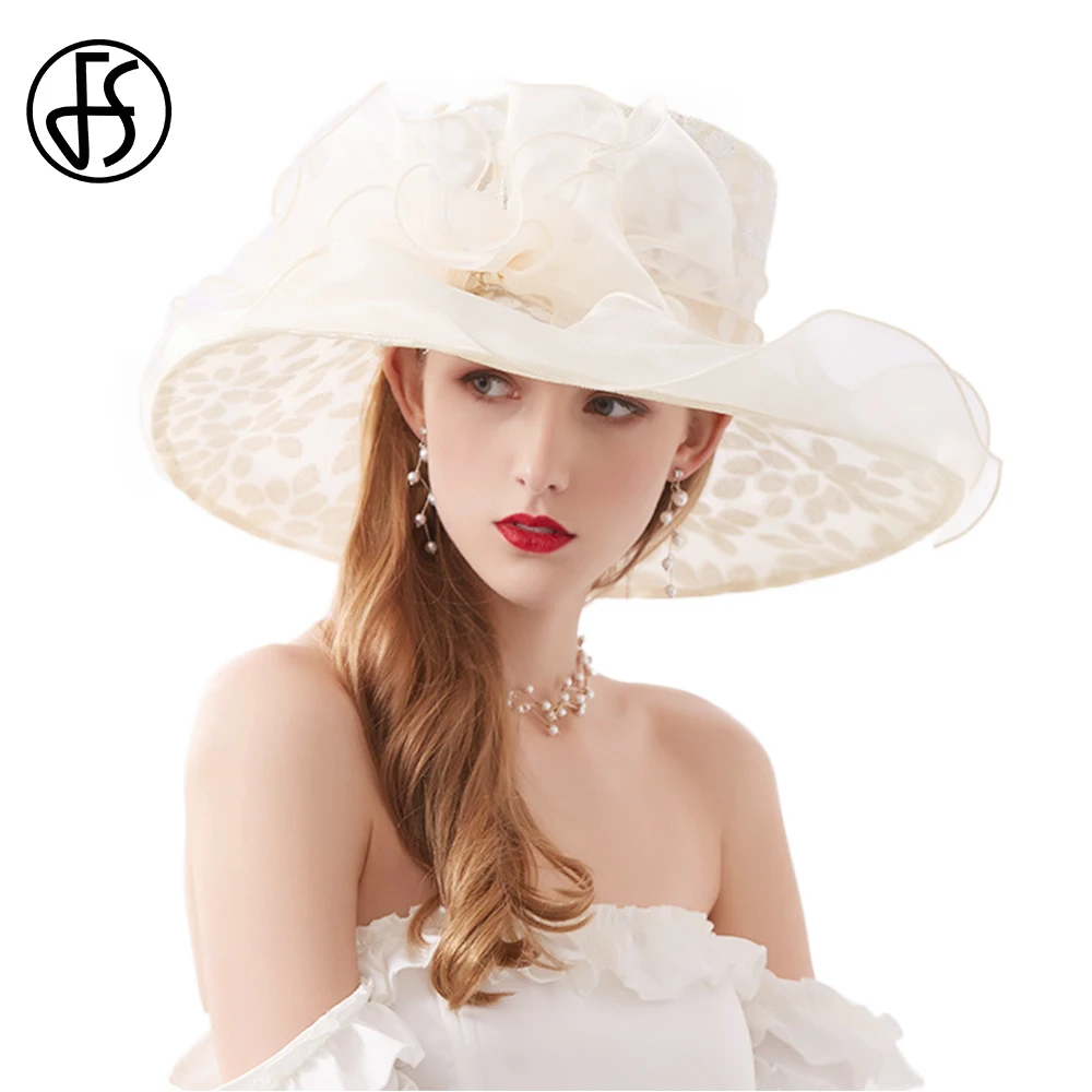 

FS New Women Organza Floral Wedding Fedoras Formal Hats Wide Brim Summer Trendy Sun Protection Church Kentucky Derby Hat 2019
