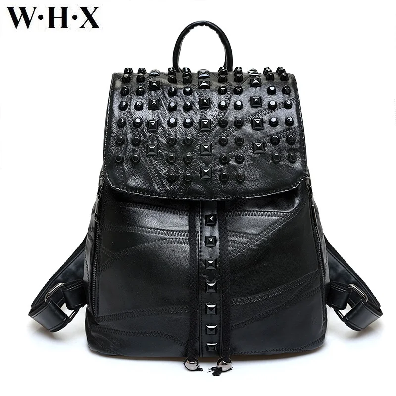 

WHX Fashion Casual Women Backpack Bag Genuine Leather rivet Backpacks Female Knapsack Girls Satchel School Lady student Book Bag