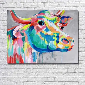 

Free Shipping Modern Hand Painted Abstract Colorful Cow Animals Oil Painting On Canvas Wall Art For Living Room Decor No Framed