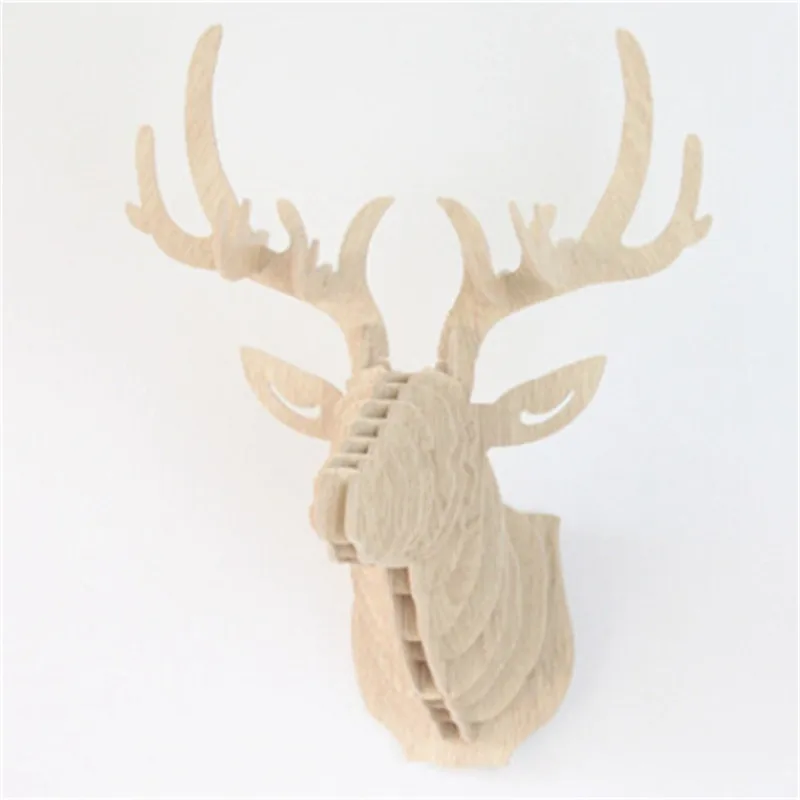 3D Puzzle Wooden DIY Creative Model Wall Hanging Deer Head Elk Wood Gift Craft Home Decoration Animal Wildlife - Color: white