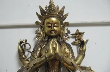 

27"Tibet Buddhism Bronze Gild Four Armed Hands Avalokitesvara Kwan-Yin Buddha 8.02