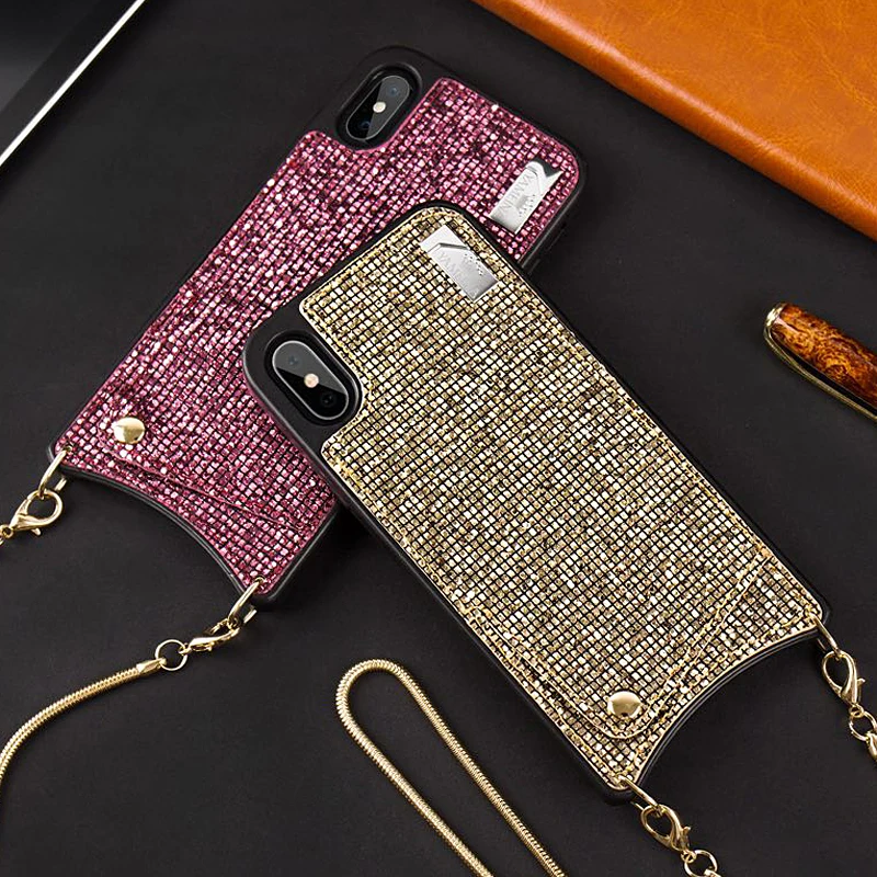 

Luxury Shiny Sequins Silicone Case With Hanging Chain For iPhone 6 6s 7 8 Plus X Xr Xs Max Fsahion Credit Cards Wallet Bag Cover