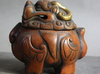 

Old China Fengshui bronze Gilt Foo Dog Pixiu Beast Statue Incense burner Censer