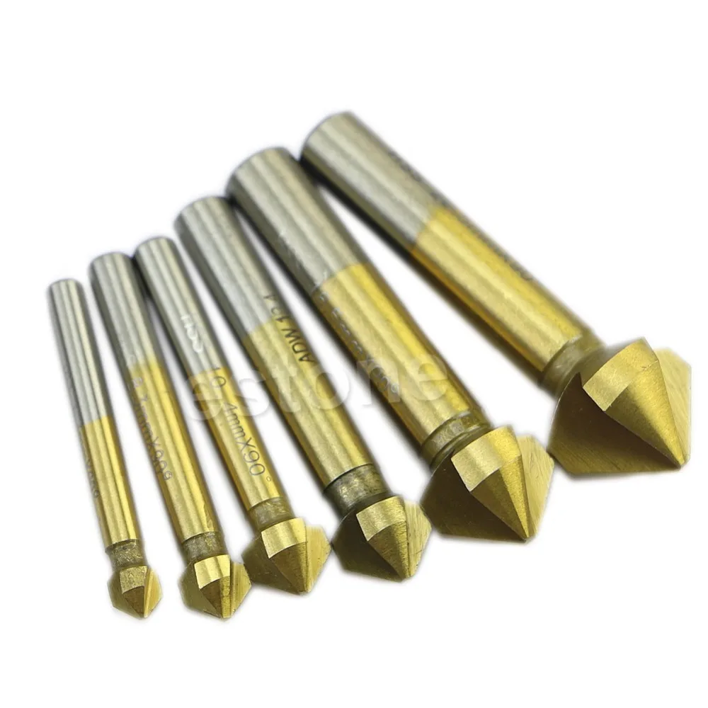 

6Pc 3 Flute HSS Titanium Chamfer Chamfering End Mill Cutter Bit Countersink Set