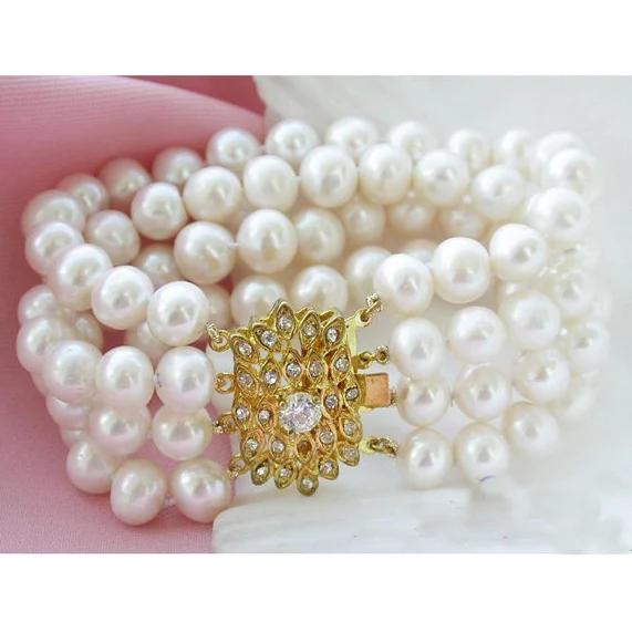 Perfect Women Birthday Chirstmas Gift Pearl Bracelet 4Rows 8inches 9-10mm White Round Freshwater Cultured | Украшения и