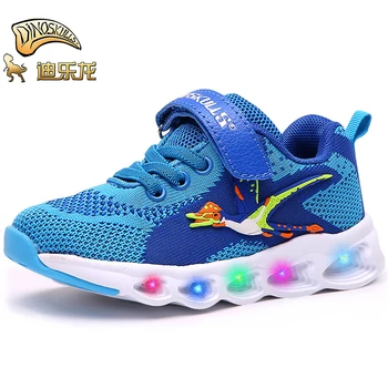 

DINOSKULLS Toddler Boys Tennis Glowing Sneakers With Backlight Autumn Mesh Breathable Kids Led Light Shoes Dinosaur Boy Shoes