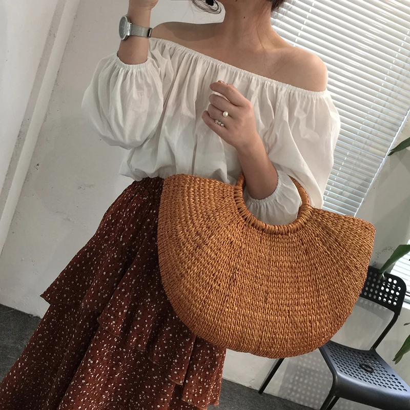 Moon shape Straw Bag Summer Beach Handbag Women Causal Shopping Travel Bag Large capacity Woven Shoulder Bags Pouches Bolsa