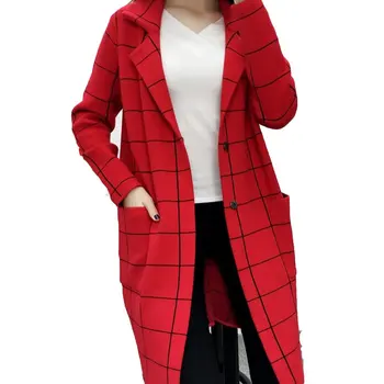 

new plaid women long casual Cardigans coats woman knit sweaters coat plus size