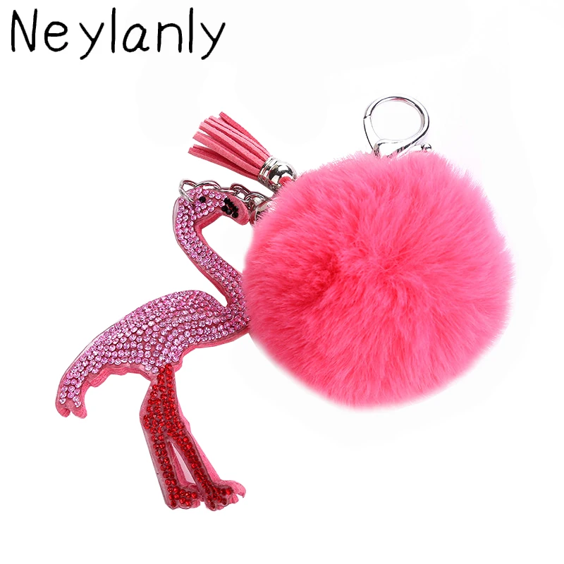 Best Crystal Leather Flamingo Keychain Leather Tassel Pendant Gifts Couple Key Chain Key Ring Hang Bag Charms Pendant Girl Gifts