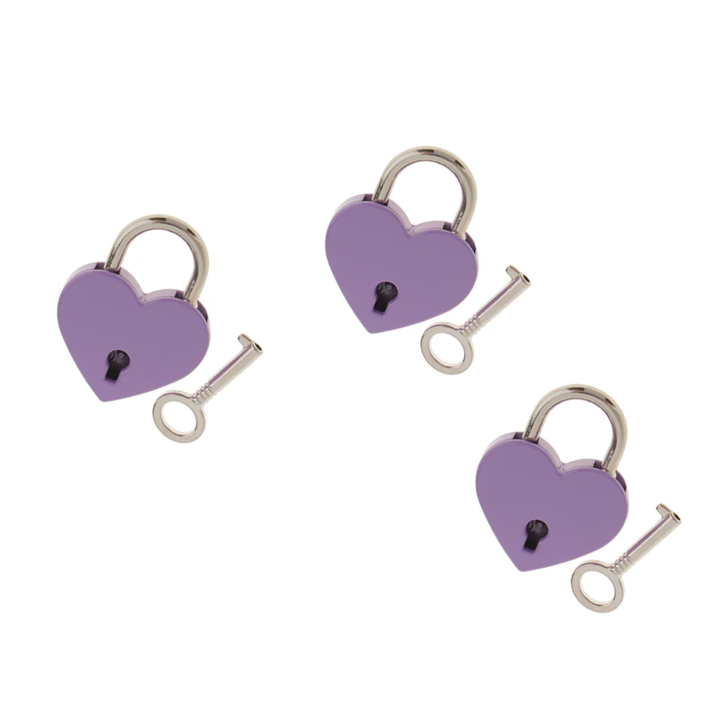 Vintage Heart Shape Padlock w/ Key Tiny Suitcase Lock Purple (Lot of 3)