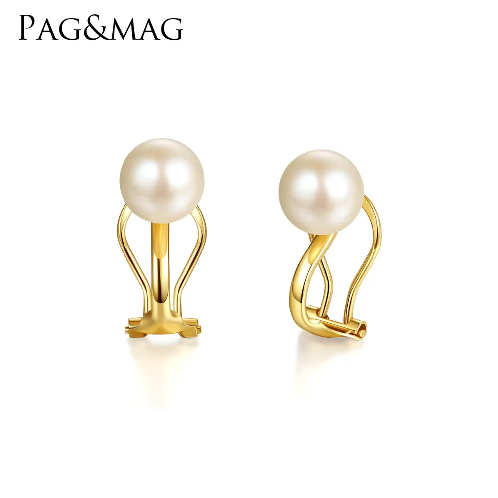 PAG & MAG Fashion élégant 7-8mm naturel rond perle Clip boucles d'oreilles pour les femmes véritable 18 K or jaune sans oreille Clip bijoux Au750 - 1