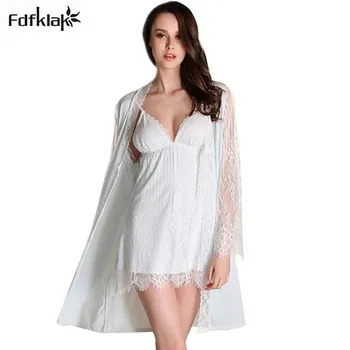 

New brand sexy lingerie long sleeve dressing gowns for women v-neck lace two pieces robe set women's bathrobes sleepwear pijama