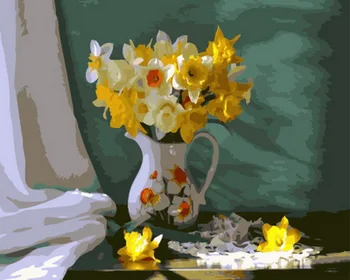 

Frameless oil painting by numbers paint by number for home decor oil picture painting 5065 white an dyellow flower