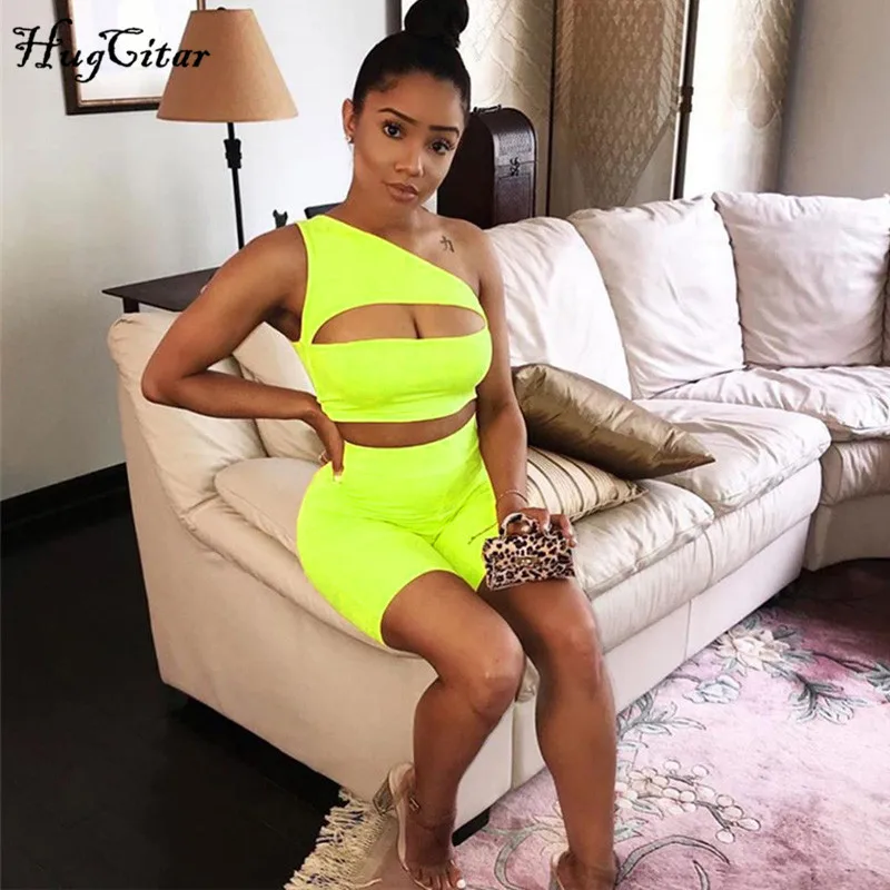 

Hugcitar one-shoulder hollow out sexy crop tops shorts 2 two piece set 2019 summer women fashion neon green solid sets