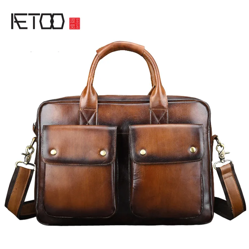 AETOO пояса из натуральной кожи портфели для мужчин бизнес мода сумка 14 'сумка для ноутбука сумки через плечо повседневное