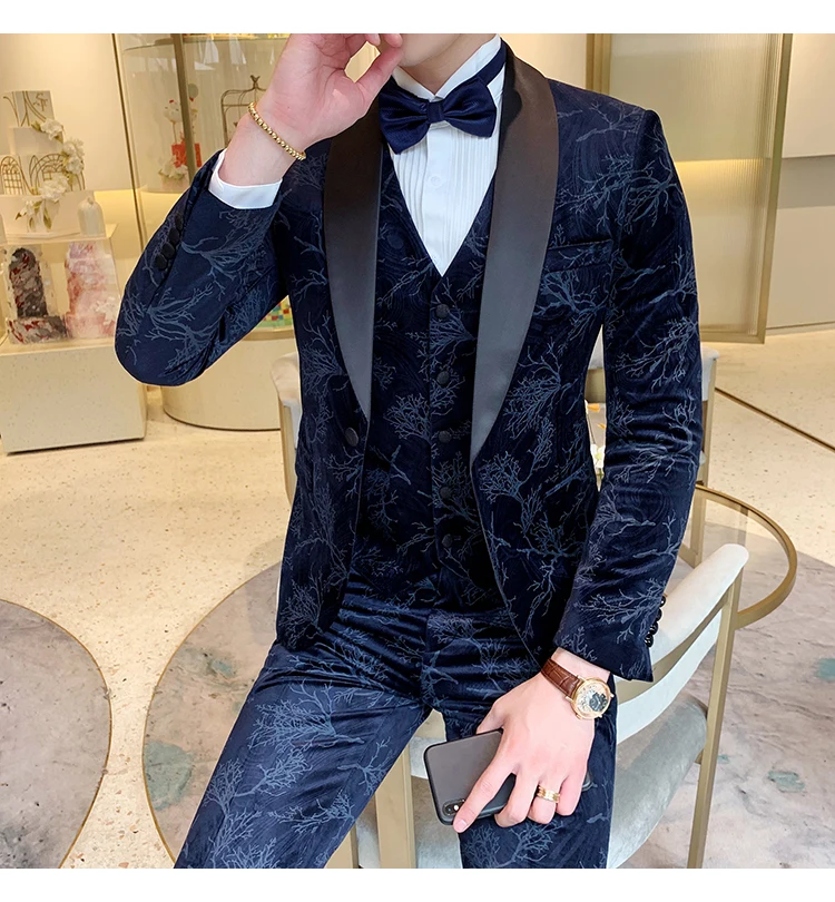 Black Navy Blue Velvet Suit Men Luxury Slim Fit Mens Velour Suits