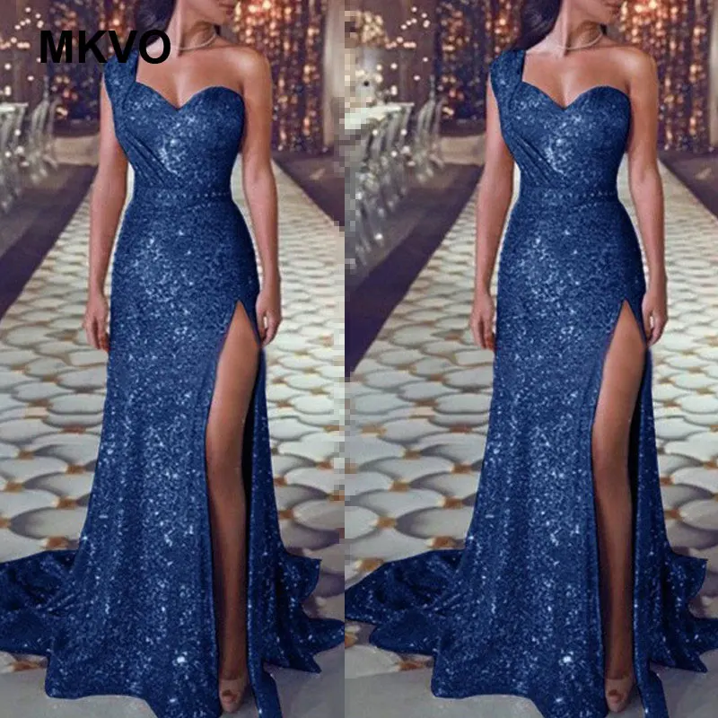 

Women Party Dress Sexy One Shoulder Sleeve Gold Maxi Dress ladies Sequins Elegant Nightclub Long Dresses Vestidos plus size
