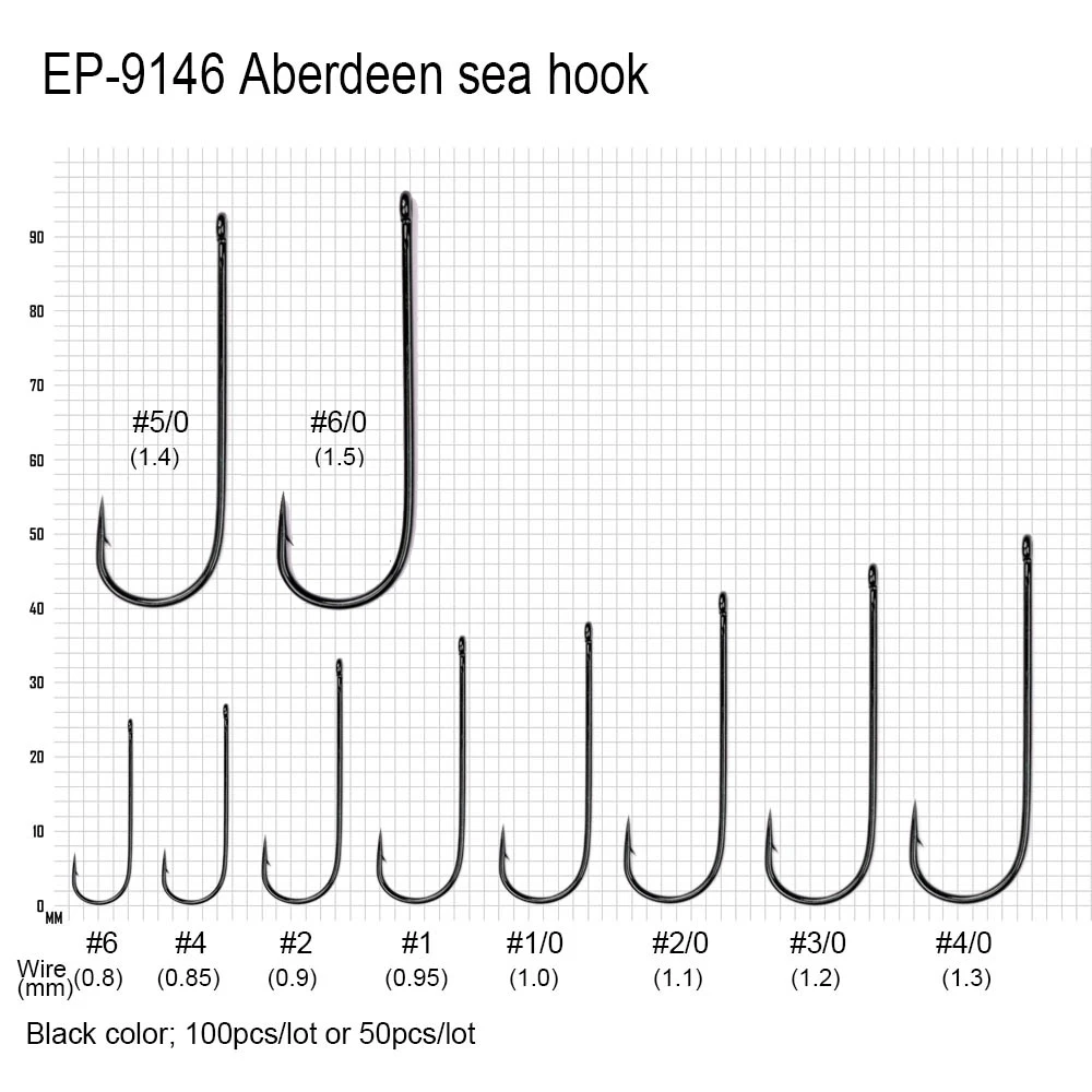 Eupheng 100 шт или 50 шт EP-9146 Абердинское море длинный хвостовик СПОРТИВНЫЙ РЫБОЛОВНЫЙ КРЮЧОК черный цвет рыболовные крючки широкий зазор рыболовный крючок