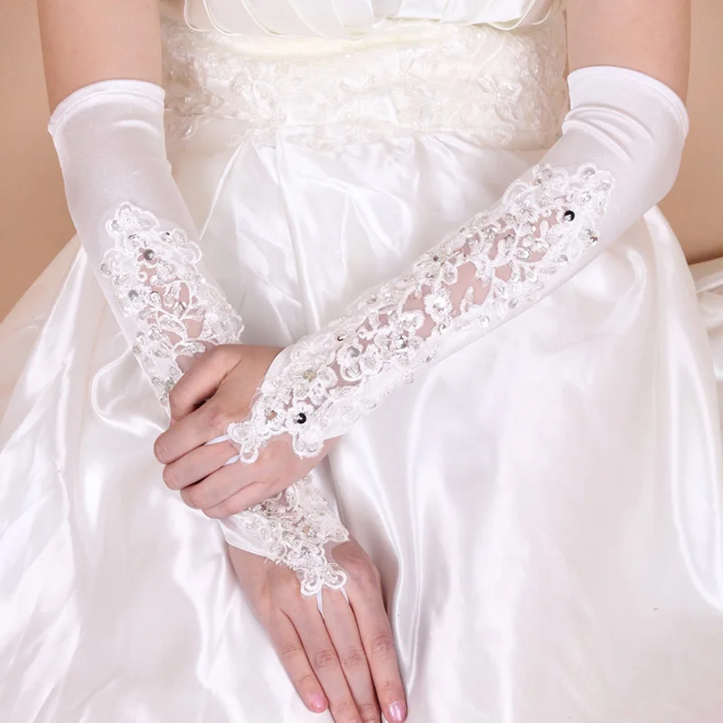 U-SWEAR Новое поступление белые женские свадебные перчатки Флора Кружева блесток Кристалл бисером свадебные митенки для невесты