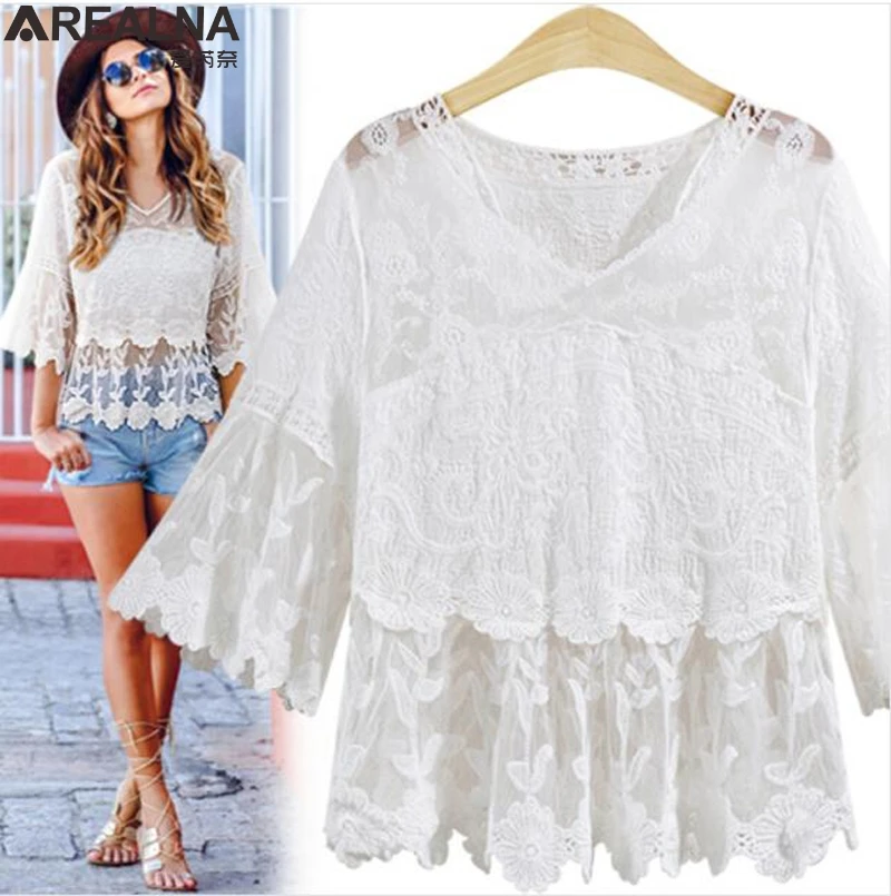 

Women blouses 2018 new summer white lace blouse Women V neck Three Quarter Sleeve Hollow out sexy shirts Plus size Ladies Tops