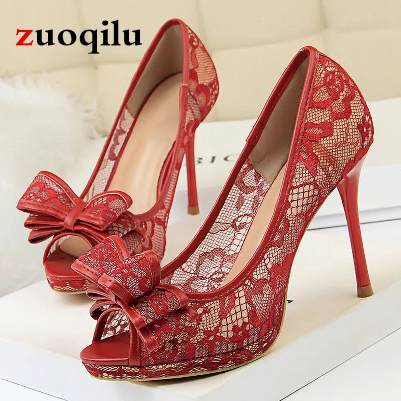 Sexy platform heels Peep Toe Lace Black high heels shoes White wedding shoes ladies sandals Pumps Women shoes 2019
