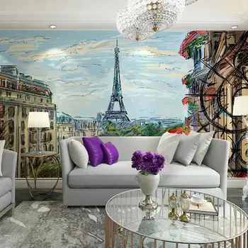

Eiffel Tower Oil Painting Wall Paper Mural Home Decor Photo Wallpaper Living Room Bedroom Self Adhesive Vinyl / Silk Wallpaper