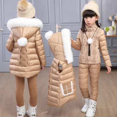 

winter children clothing big girl down&parka jacket sets vest-pants-jacket hooded baby girls leather jacket coat Pony pattern