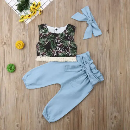 

Lovely Toddler Baby Kids Girl 3Pcs Vest Ruffle Tops And Pants Headband Outfit
