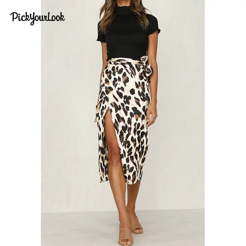

PickyourLook Women Swing Skirt Straight Skirt Leopard Print Trim Retro Girl Sexy Skirt Party Office Wear Split Skirt White Brown