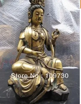 

bir 00665 Tibet Buddhism 100% Pure Bronze Copper 24K Gold Sea Sit Kwan-Yin Guan Yin Statue