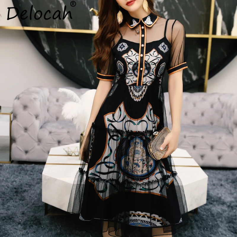 Delocah New 2019 Women Spring Summer Dress Runway Fashion Designer Mesh Overlay Geometric Printed Elegant Vintage Vacation Dress