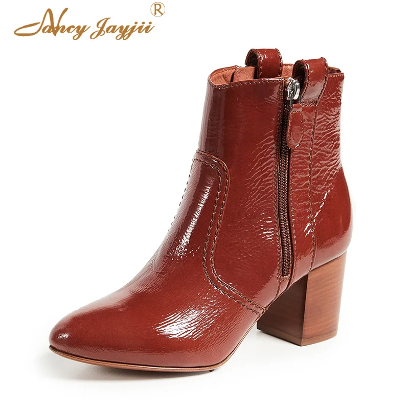 Nancyjayjii Women’S Short Ankle Boots Red Leather Almond Toe Super High 8cm Block Square Heel Woman’s Winter Booties Zipper Shoe | Обувь