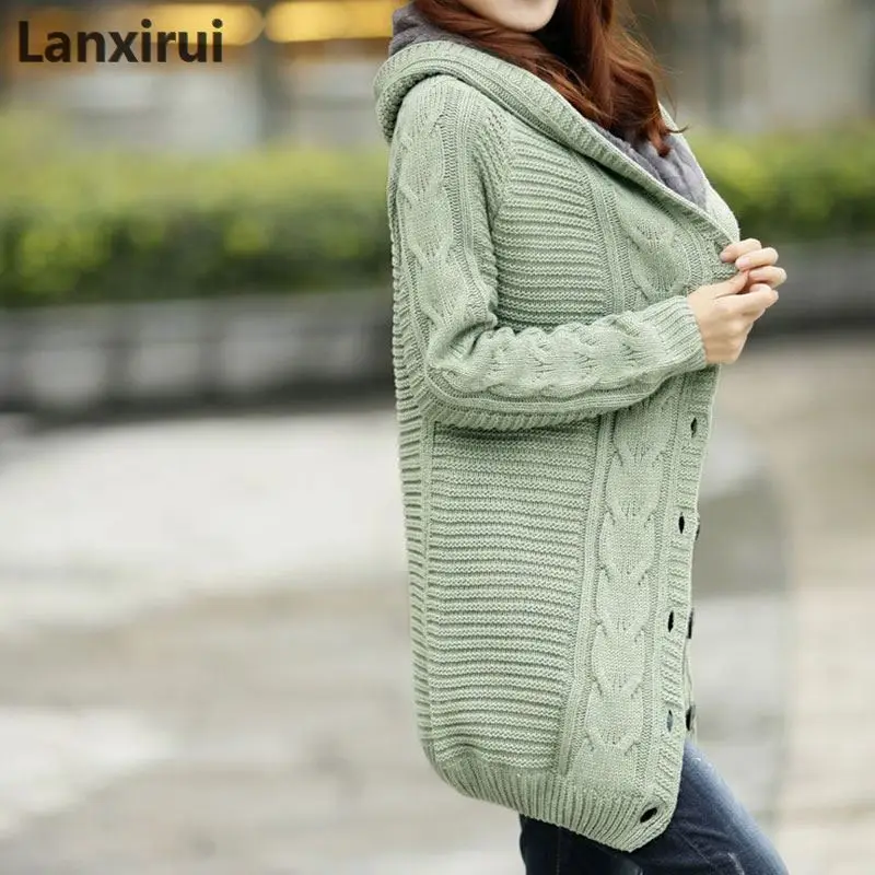 Lady Winter Hooded Fleece Liner Cashmere Cardigan Knitted Sweater Coat Women Thick Warm Long Sleeve Knit Weave Long Jacket Tops
