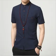 Cotton хлопковая Льняная мужская рубашка с воротником-стойкой повседневные мужские рубашки облегающие рубашки с коротким рукавом плюс размер camicie