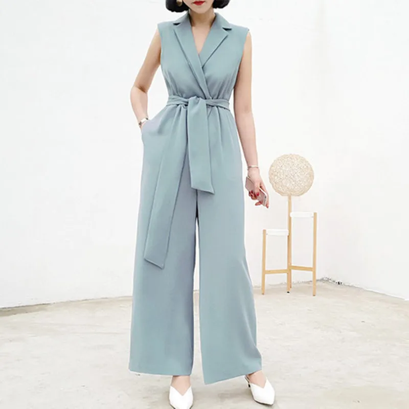 

Women 2019 New Contrast Color Junpsuits Summer OL Korean Lace Up Rompers Elegant Evening Special Occasion Playsuits