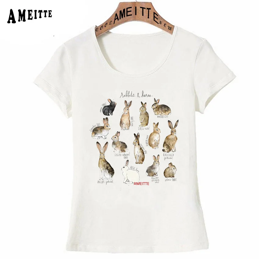 Коллекция милых кроликов, Винтажная Футболка с принтом, летняя модная женская футболка с кроликом, повседневные топы для девочек, женские белые топы с коротким рукавом