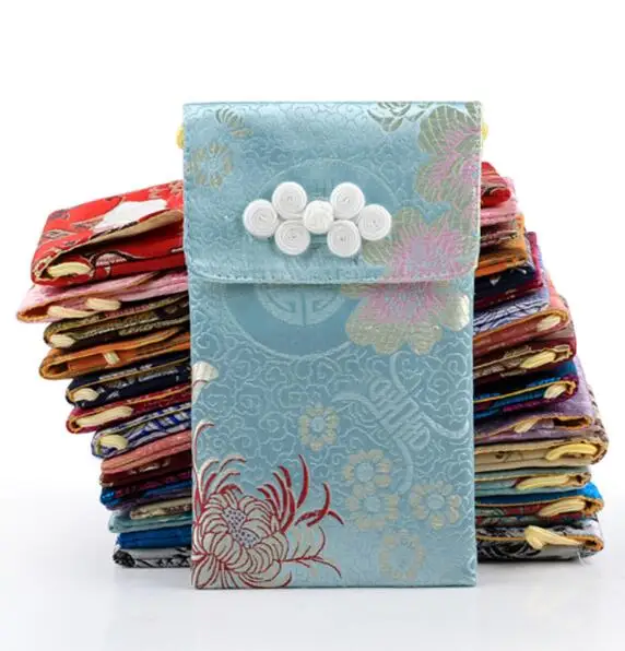

10x17.5cm Chinese style women small cell phone cover satin Bag Silk Packaging Pouches