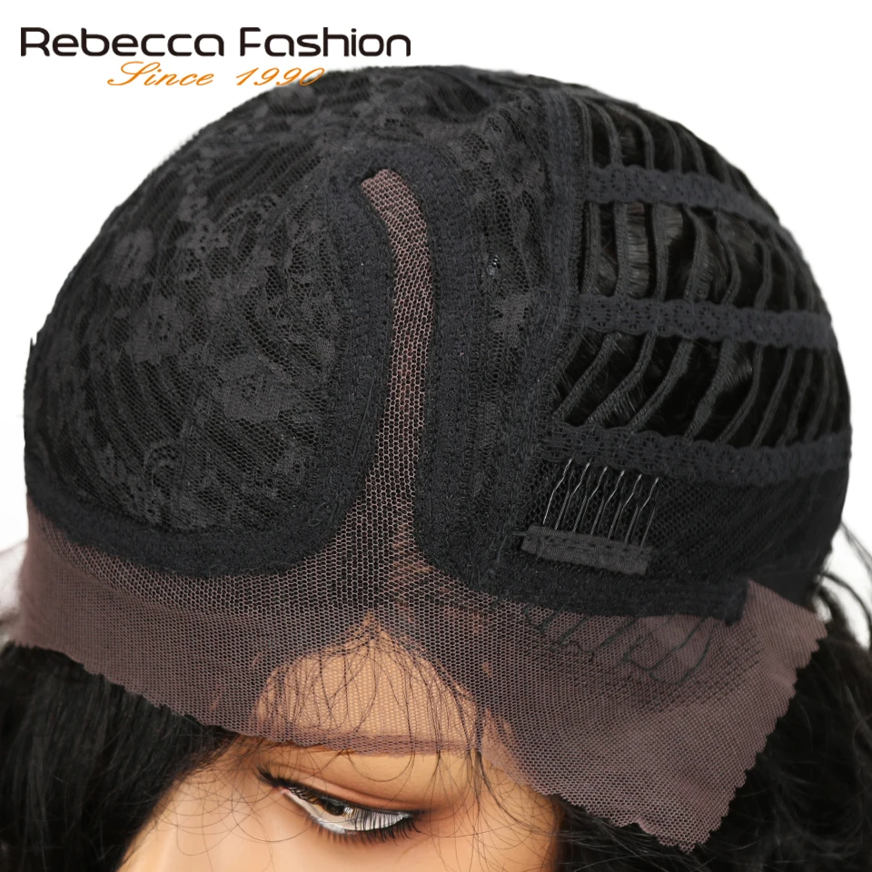 Rebecca л часть Синтетические волосы на кружеве человеческих волос парики для черный Для женщин естественно вьющиеся перуанской Реми