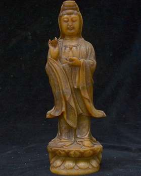 

Chinese Tianhuang Jade Shoushan Stone Stand Lotus Guanyin Kuan yin Bottle Statue